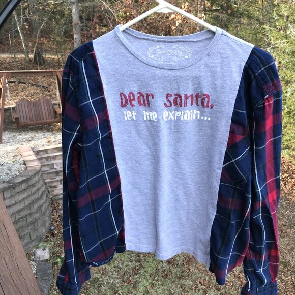 Reworked Flannel Tee Christmas, Size S-M: Upcycled Holiday Graphics Plaid Shirt - Picture 6 of 9